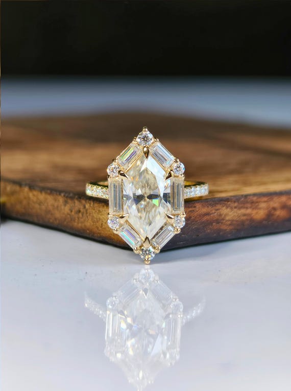 Dutch Marquise Cut Moissanite Ring, Yellow Gold Solitaire Ring, Baguettes Unique Halo Design Engagement Ring for Her, Promise Ring Gift Idea