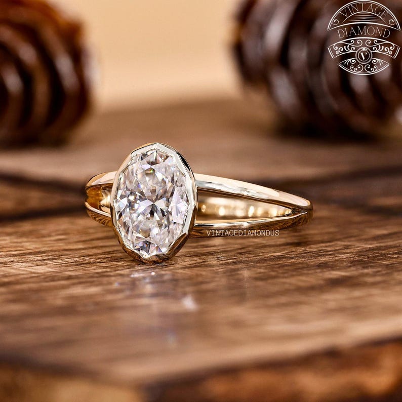 18k Yellow Gold Oval Cut Moissanite Ring With Full Bezel Set, Split ...