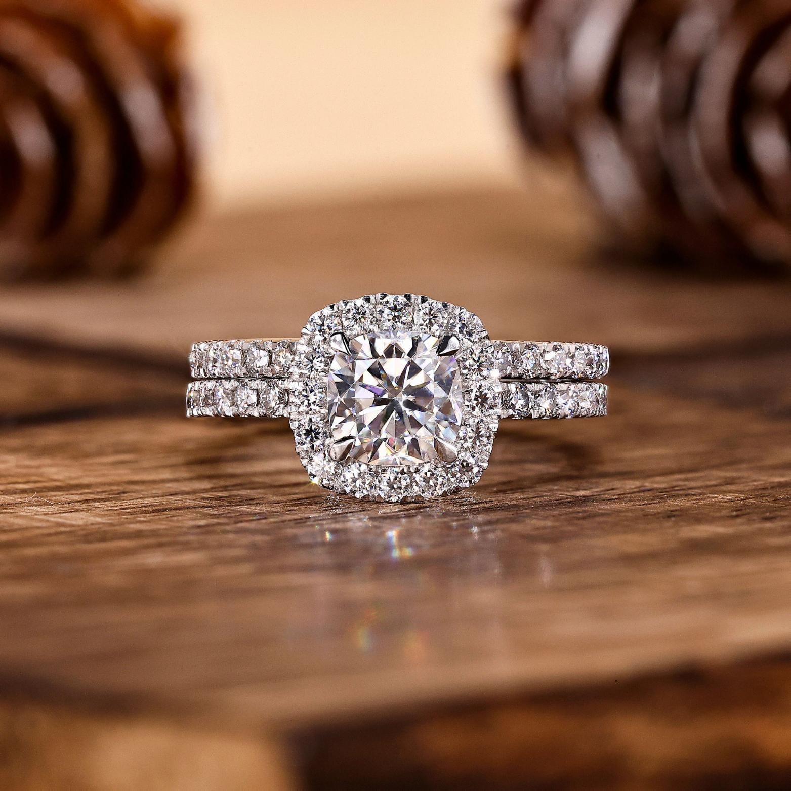 1.0 CT Cushion Cut Lab Grown Diamond Ring With Mathing Wedding Band ...