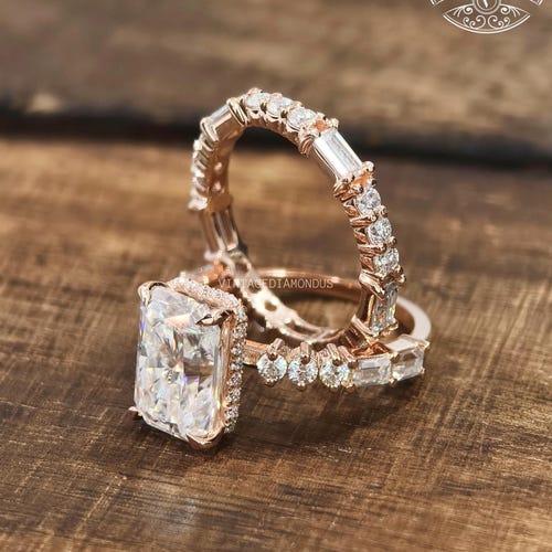 2.5 CT Radiant Cut Moissanite Ring, Full Eternity Matching Wedding Band, Hidden Halo Bridal Ring Set, Anniversary Gift For Her