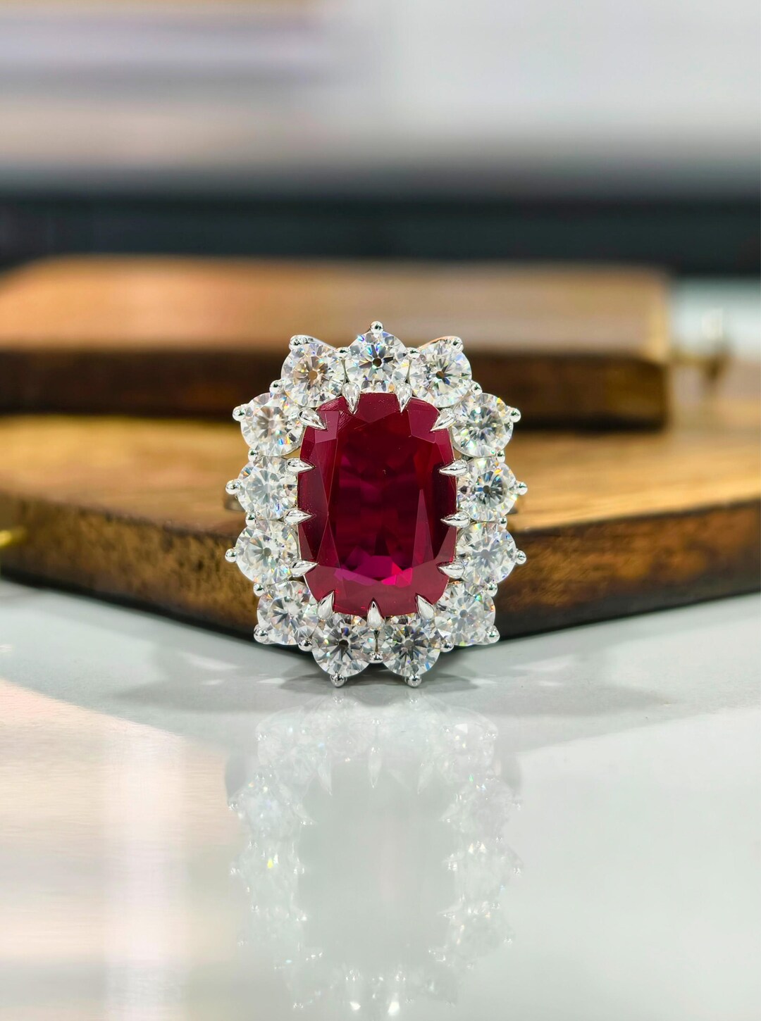 Ruby Simulant 5.0 Ct Cushion Cut Red Ruby Simulated Diamond Engagement Ring ...