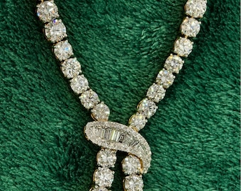 14K Gold Moissanite Knot Necklace: Baguette Halo Pendant