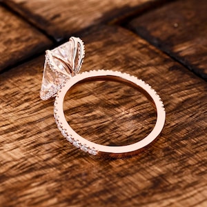 4.5 CT Radiant Cut Moissanite Engagement Ring | 18K Rose Gold Hidden Halo Ring | Pave Prong Statement Ring | Elongated Radiant Bridal