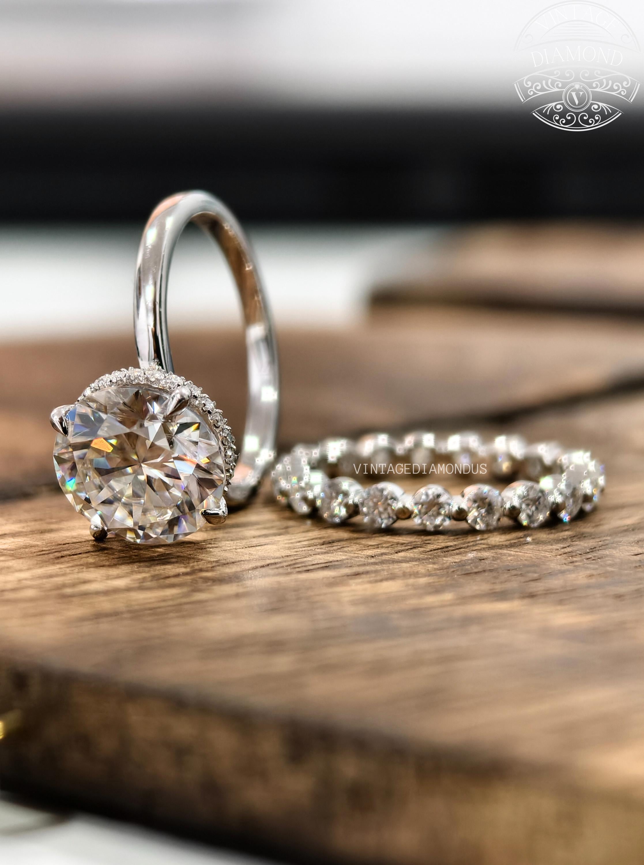 Hidden Halo Round Cut Moissanite Engagement Ring Eternity Wedding Band Luxury Bridal Ring Set Round Cut Promise Anniversary Gift For Her