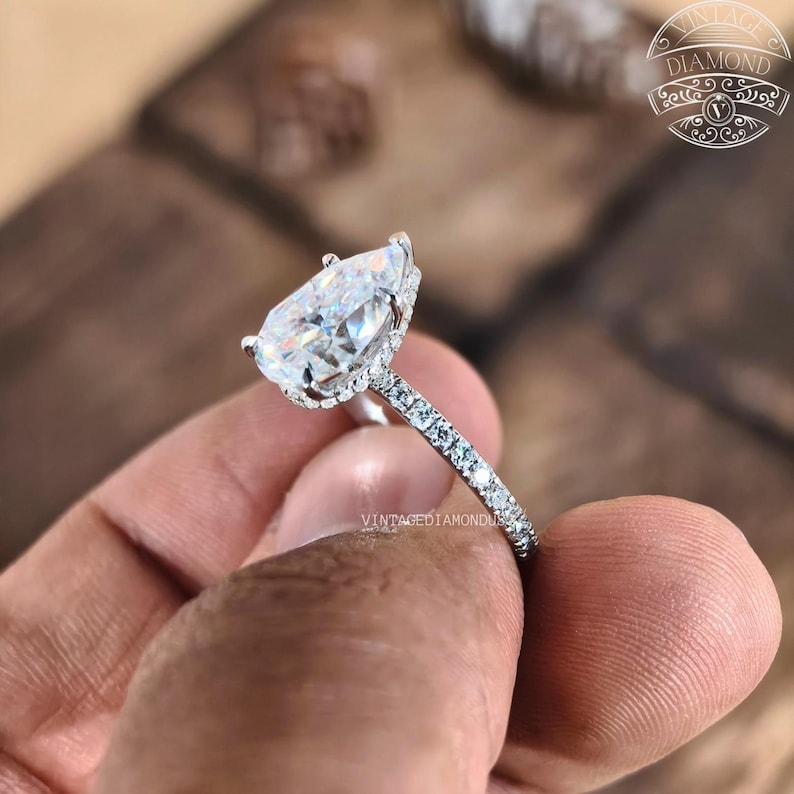 Pear Cut Lab Grown Diamond Engagement Ring - 14k White Gold Hidden Halo ...