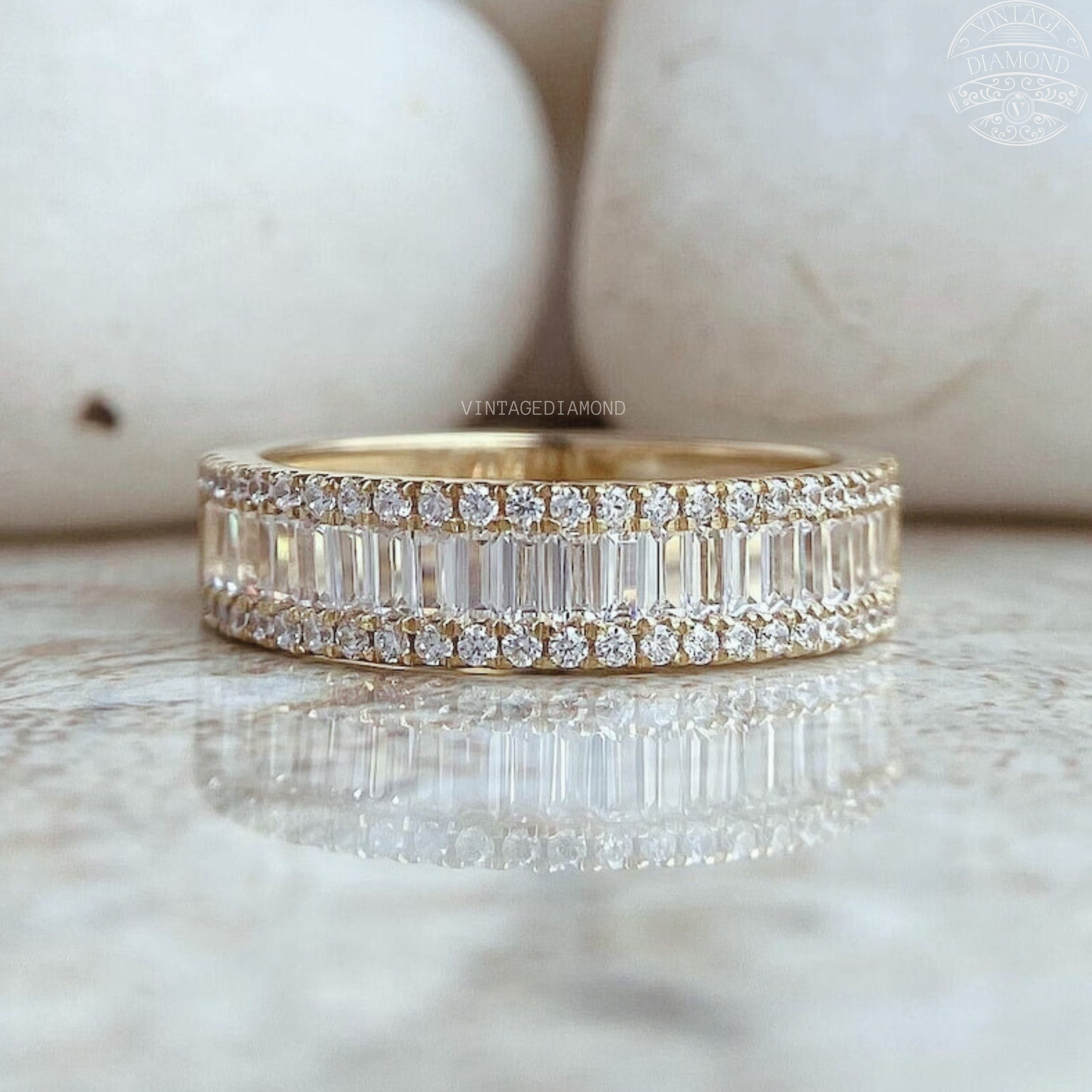 Bubble Baguette And Round Eternity Wedding Band 1/2 Eternity Moissanite Diamond Engagement Matching Band Perfect Anniversary Gift For Her