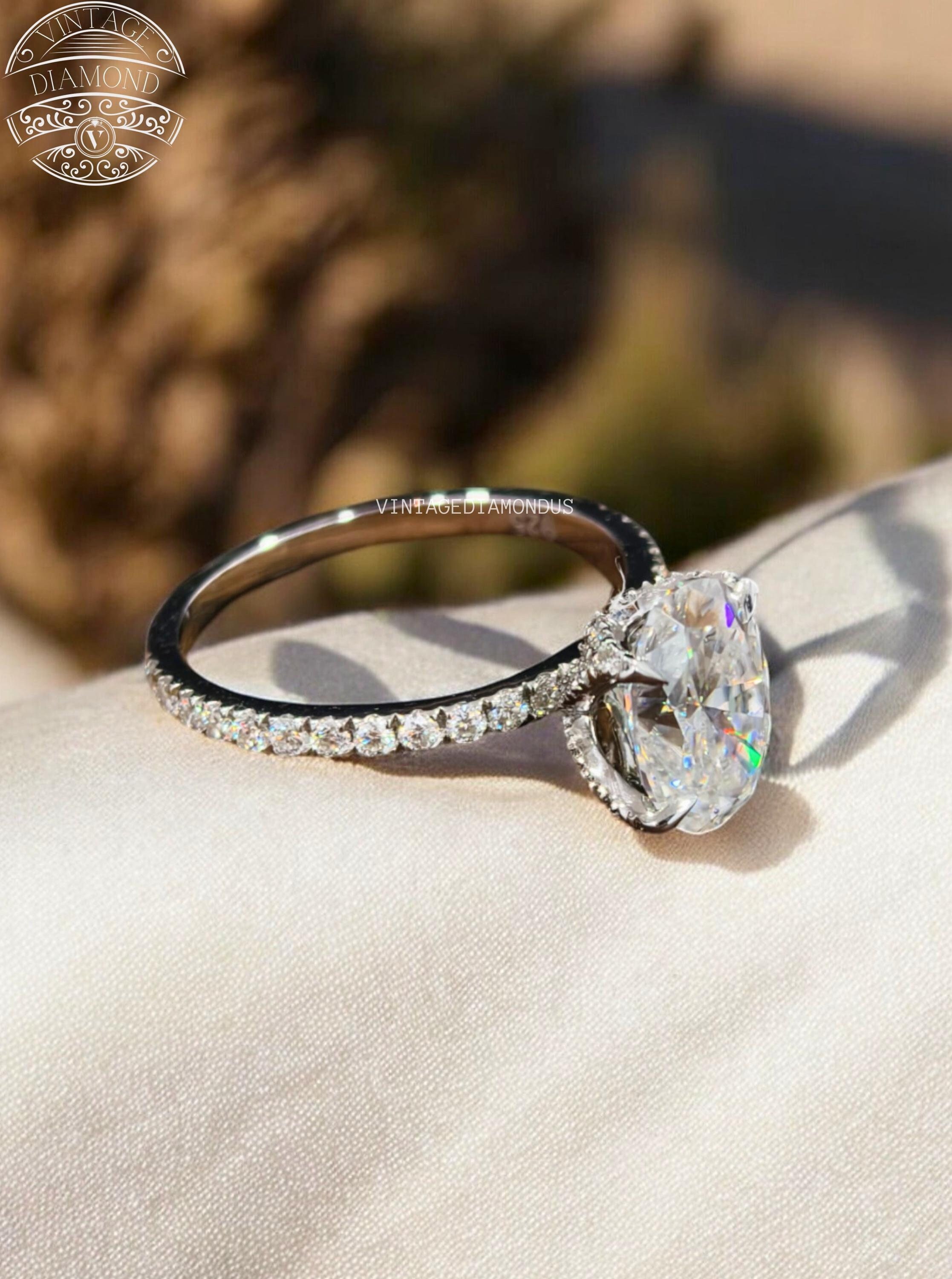 Oval Cut Moissanite Hidden Halo Engagement Ring, Flower Style Four Prong Setting With Pave Diamond Ring, Sparkling Moissanite Anniversary