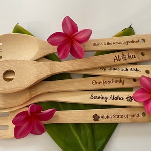 Hawaiian Engraved Bamboo Spoons - Tropical Kitchen Utensil