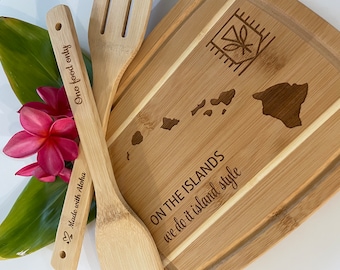 Hawaiian Islands Bamboo Cutting Board Set Made on Kauai - Hawaii Gift Idea - Aloha Home Decor- Beach House Sign - Island Gift - Island Style