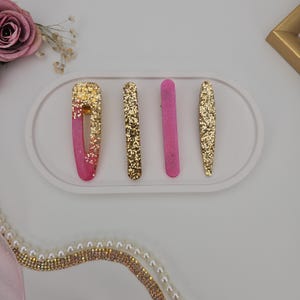Resin Hair Clip Set of 4 – Pink and Gold Glitter Epoxy Barrettes, Handmade Sparkle Hair Accessories, Summer Party Collection Gift Set