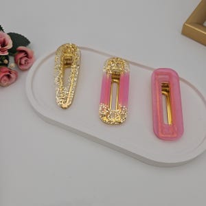 Resin Hair Clip Set of 3 – Pink and Gold Glitter Epoxy Barrettes, Handmade Sparkle Hair Accessories, Elegant Gift for Women & Girls