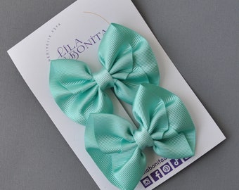 Children Hair Clips - 2 Pack Mint Color Ribbon Double Breasted Bow Model hair clips for Newborn, Baby Girl and Child, Barettas