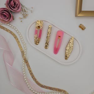 Glitter Resin Hair Clip Set of 4 – Pink and Gold Epoxy Barrettes, Handmade Sparkle Hair Accessories for Women, Summer Party Collection