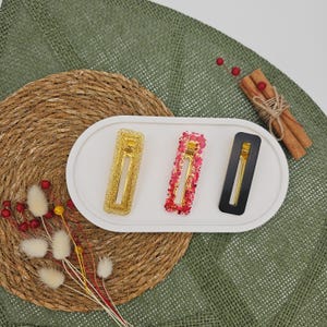 Glitter Resin Hair Clip Set of 3 – Gold, Red & Black Sparkle Barrettes, Handmade Epoxy Hair Accessories, Summer Party Collection