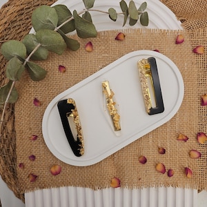 Gold Foil Resin Hair Clip Set | Black, Clear & White Epoxy Barrettes - Handmade Modern Hair Accessories - Gift for Her
