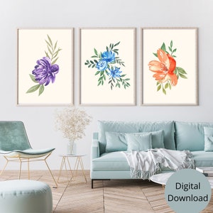 Multi Color Floral Line Art,Print Set of 3, Watercolor Botanical Gallery Wall art, Modern Home Decor Art, Floral Printable Art