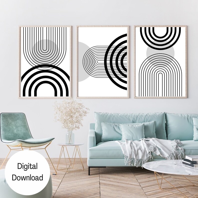 PRINTABLE Art Set of 3,boho Abstract Geometric Black and White Living ...