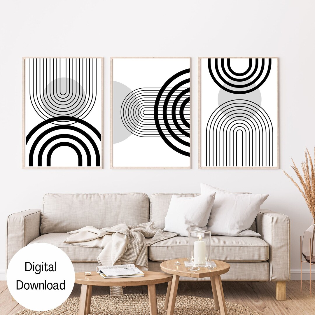 PRINTABLE Art Set of 3,boho Abstract Geometric Black and White Living ...