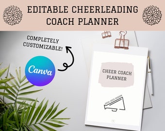 Peut inclure: Planificateur de coach de cheerleading éditable avec un fond rose et le texte "CHEER COACH PLANNER" en noir. Le planificateur est personnalisable avec Canva.
