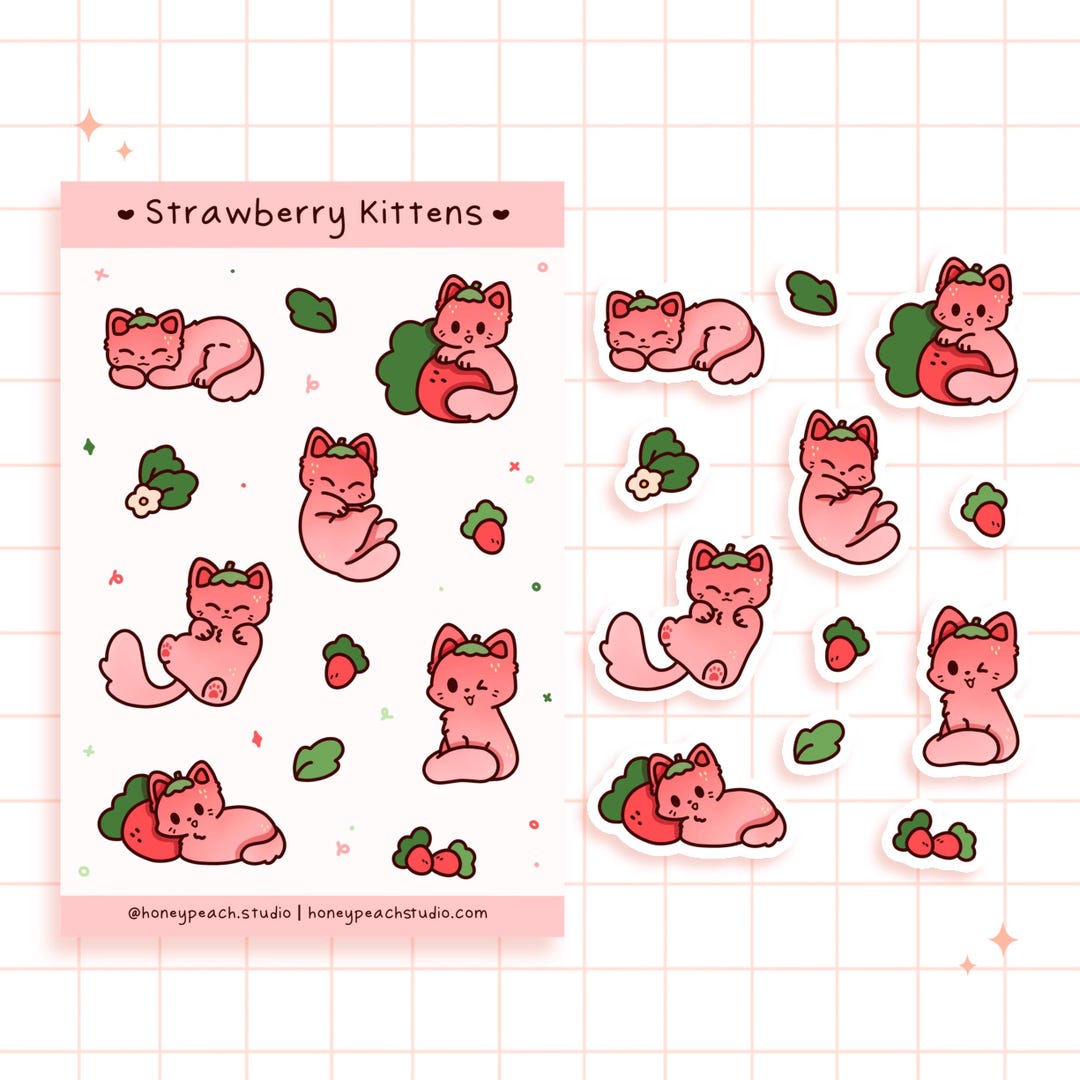Strawberry Kittens Sticker Sheet | Waterproof Glossy Vinyl Sticker ...