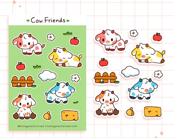 Cow Friends Sticker Sheet | Waterproof Glossy Vinyl Sticker Sheet | Cute for Water Bottle Bullet Journal Laptop Notebook Phone