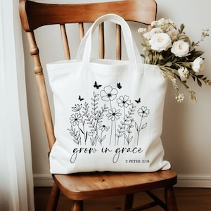 Christian Tote Bag Grow in Grace 2 Peter 3 18 Bible Tote Bag Cotton Scripture Bag Christian Gift for Women Jesus Tote Bag Churchmate Gift