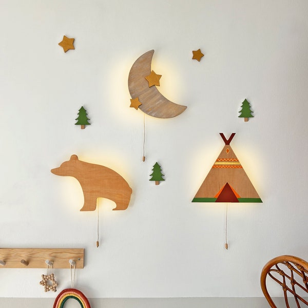 Éclairage de pépinière de camping, lampe d'ours, lampe de lune, lampe de tente, éclairage mural en bois de 3 pièces, veilleuse de bébé, cadeau fait main, lampe de chambre d'enfant