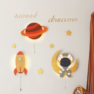 Space Nursery Lighting, Rocket Lamp, Saturn Lamp, Spaceman, 3 Piece Wooden Wall Lighting, Baby Night Light, Handmade Gift, Kids Room Lamp
