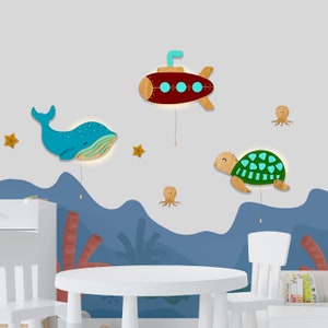 Sea Nursery Lighting, Underwater Lighting Set, Whale Lamp, Submarine Lamp, Turtle Lamp, 3 Piece Wall Lighting, Handmade Gift, Kids Room Lamp