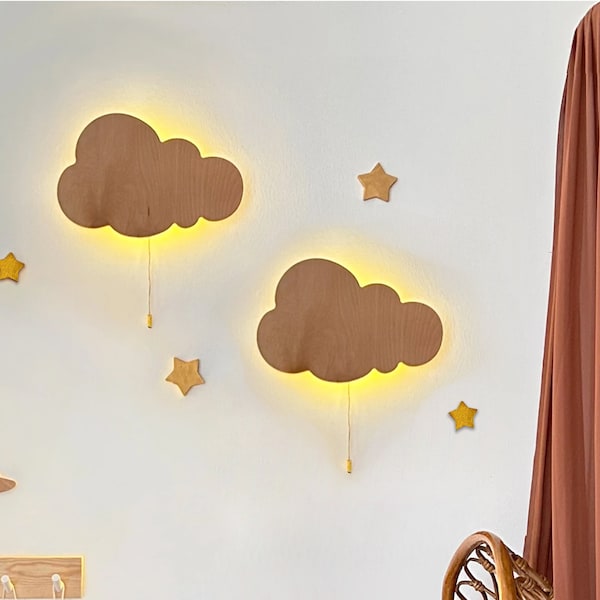 Cloud kinderkamerverlichting, cloudlamp, cloudverlichting, 2-delige houten wandverlichting, babynachtlampje, handgemaakt cadeau, kinderkamerlamp