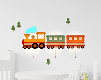 Train Nursery Lighting, Train Lamp, Train Lighting, Head and Two Carts, 3 Piece Wooden Wall Lighting, Baby Night Light, Kids Room Lamp