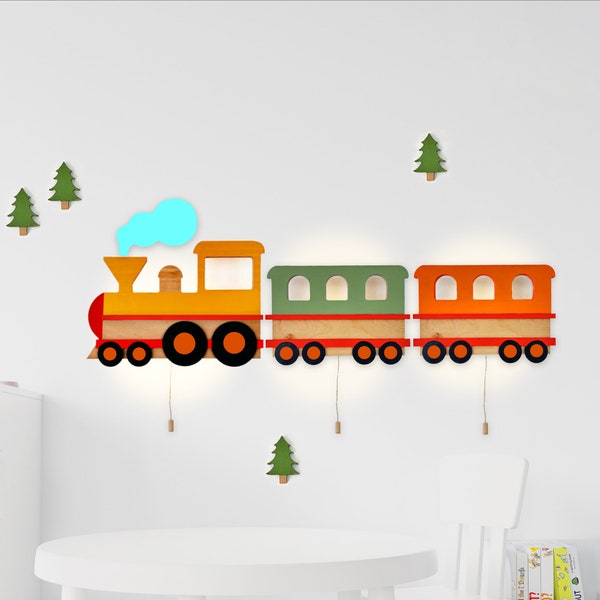 Iluminación de guardería de tren, lámpara de tren, iluminación de tren, cabeza y dos carros, iluminación de pared de madera de 3 piezas, luz de noche para bebés, lámpara de habitación para niños