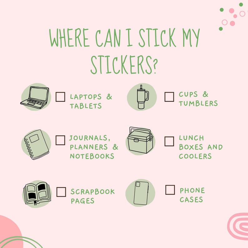 May include: A light pink graphic with the text "WHERE CAN I STICK MY STICKERS?" and illustrations of a laptop, tumbler, journal, cooler, open book, and phone. The text lists options like laptops, journals, and phone cases.