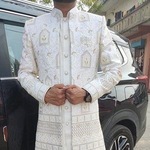 Indian Ethnic Stylish Sequins Zari Designer Open Indowestern Suit for Man with Kurta Payjama, Open Indowestern Blazer for Wedding and Groom