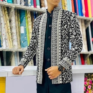 Ethnic Sequin Embroidery Designer Open Jodhpuri Suit with Kurta Pajama for Man,Indian Ethnic Suit for Groom,Open Jodhpuri Blazer for Wedding