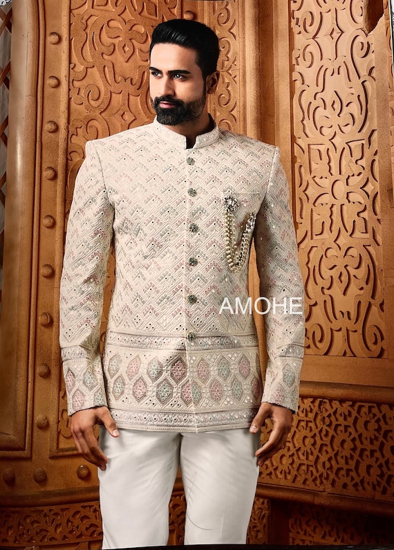 Mens Embroidered Blue Wedding Jodhpuri Suit | InMonarch