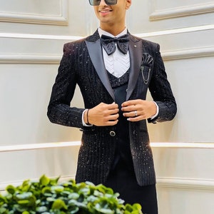 Black Micro Sequins Embroidery Work Tuxedo Suit for Engagement Suit, Cocktail Party Suit, Wedding Suit, Suit for Groomsman | FREE BOWTIE