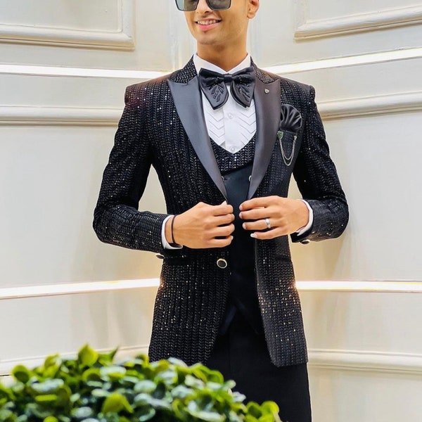 Black Micro Sequins Embroidery Work Tuxedo Suit for Engagement Suit, Cocktail Party Suit, Wedding Suit, Suit for Groomsman | FREE BOWTIE