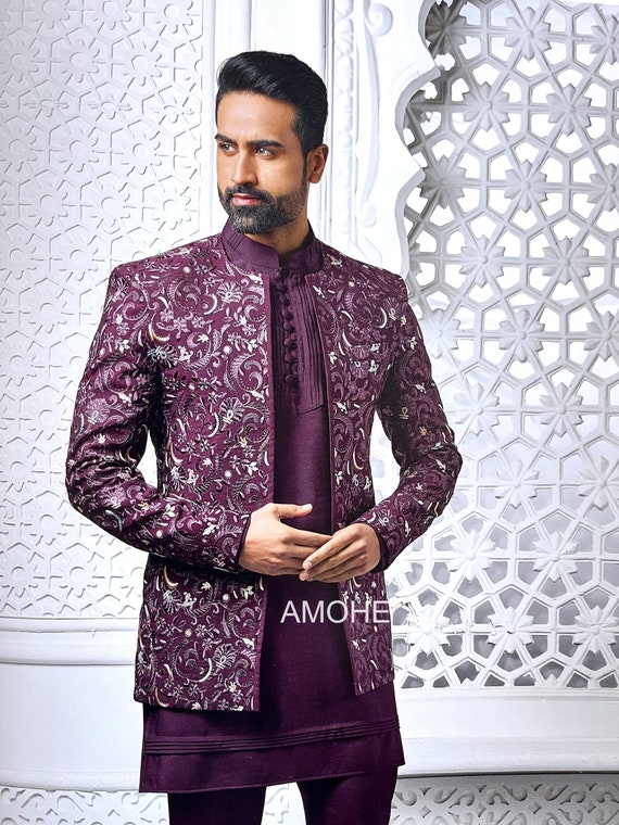 Embroidered Velvet Jodhpuri Suit in Maroon (32) - Ucchal Fashion