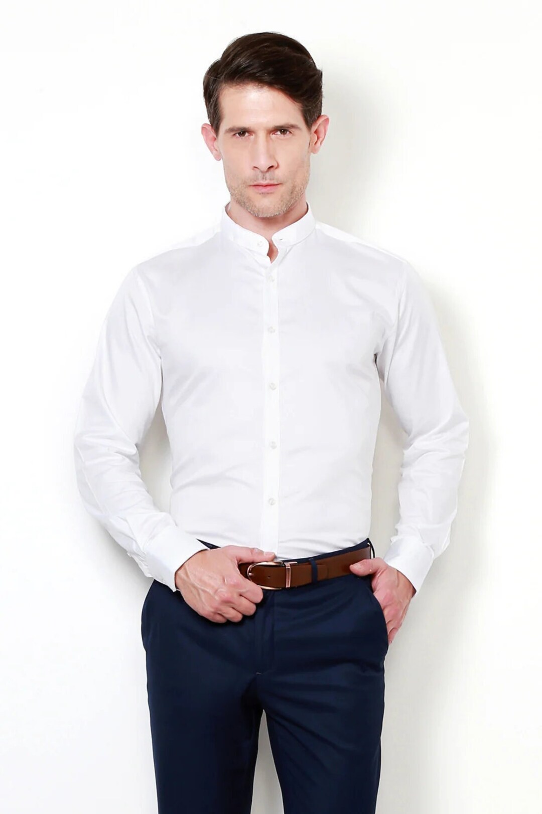 Men's White Standard Band Collar Textured Cotton Casual Shirt