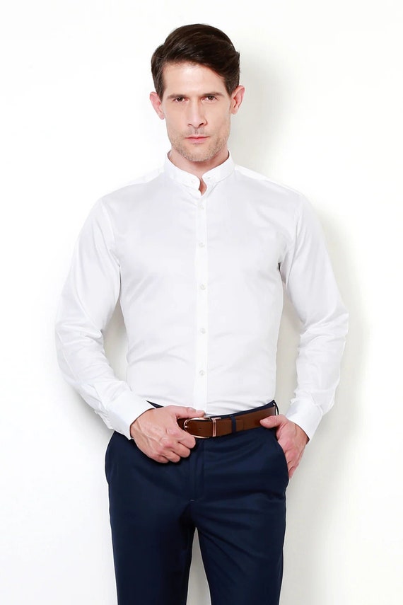 100 Stretch Soft Cotton Casual White Band Collar Dress Shirt for