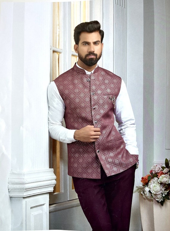 Grey Sued Velvet Fabric Jodhpuri for Mens Nehru Jacket Modi 