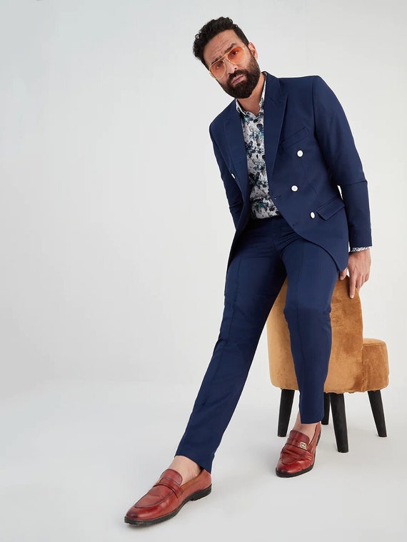 Mens navy top double breasted suit