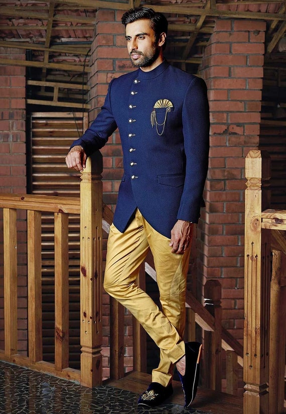 Haiti Blue Textured Premium Wool Blend Bandhgala/Jodhpuri Suits for Men.
