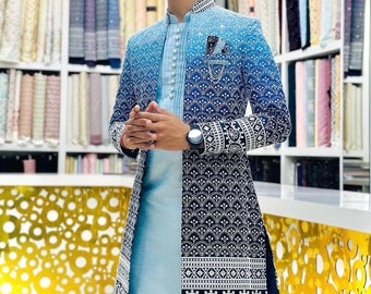 Ethnic Kurta Pajama with open Indo-western Man, Indo and Kurta Pajama Set for Groom, Heavy Embroidery Sequin Indo with Solid Kurta Pajama