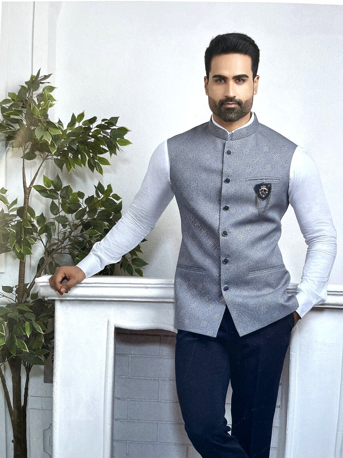 Grey Sued Velvet Fabric Jodhpuri for Mens Nehru Jacket Modi 