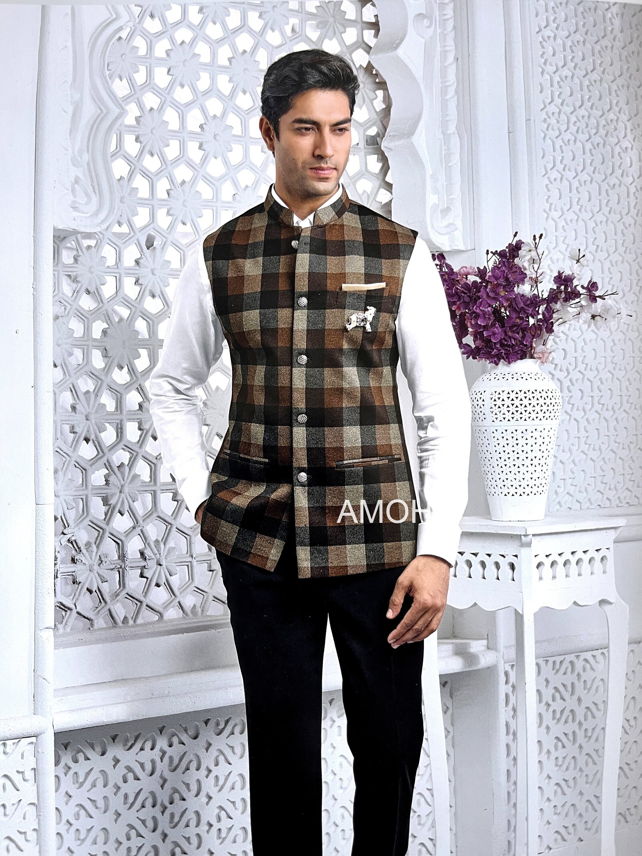 Checked nehru jacket cheap