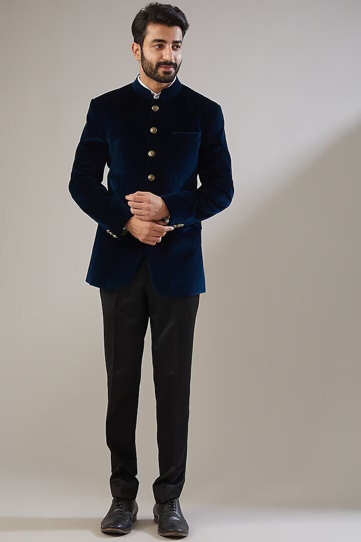 Blue velvet jodhpuri suit sale