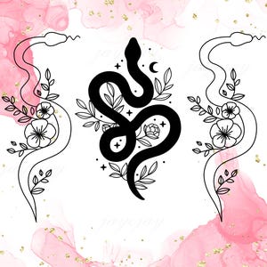 Könnte beinhalten: Eine digitale Illustration mit drei Schlangenmotiven. Die beiden äußeren Schlangen sind schwarz umrandet und mit floralen Akzenten versehen. Die mittlere Schlange ist eine massive schwarze Silhouette, die mit Blättern, einer Mondsichel und kleinen Sternen verziert ist.