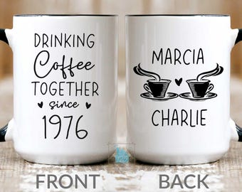 50th Anniversary Gift For Parents, 50 Year Wedding Anniversary Cups, Drinking Coffee Together Mug, Personalized Golden Anniversary Couple